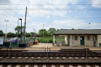 Charming train station platform surrounded by lush greenery, offering a serene and convenient commuting experience.
