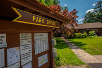 Charming park office with colorful foliage and a bright sunny pathway, inviting natural exploration and relaxation.