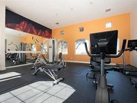 Modern apartment gym with state-of-the-art equipment, vibrant orange accent wall, and large mirrors enhancing the spacious, light-filled environment.