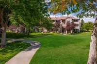 Inviting apartment view featuring lush green lawns, mature trees, and elegant multi-story architecture under a clear blue sky.