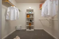 Spacious walk-in closet with elegant shelving and hanging space, showcasing a neat and organized layout ideal for ample storage.