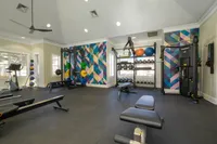 Modern fitness center with colorful geometric wall design, equipped with advanced exercise machines, free weights, and ample natural light.