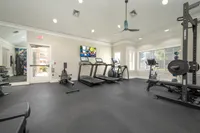 Bright and modern gym featuring state-of-the-art equipment, including treadmills, a rowing machine, and a weightlifting area.