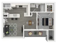 Modern 2D floor plan showcasing a spacious apartment with an open-concept kitchen, vibrant living area, cozy bedroom, and elegant bathroom.