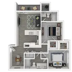 Sophisticated 2D floor plan showcasing 2 bedrooms with ample closet space, modern kitchen, cozy living room, and two sleek bathrooms. Perfect blend of style and functionality.