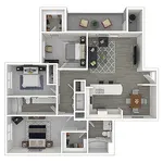 Contemporary 3D apartment floor plan showcasing 2 bedrooms, a modern open-plan living area, a sleek kitchen, and a stylish dining space, designed for optimal comfort and functionality.