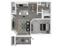 Chic open-plan layout with a spacious bedroom, modern kitchen, cozy living area, and luxurious bathroom.