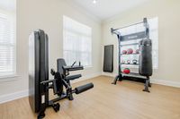 Bright home gym with modern exercise equipment, featuring a punching bag, kettlebells, and a strength training machine on a light wood floor.