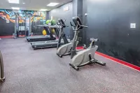 Modern gym facility with state-of-the-art exercise bikes and treadmills, complemented by colorful wall art.
