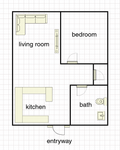 Charming floor plan showcasing a cozy one-bedroom apartment with an inviting living room, functional kitchen, and modern bath accessible from the entryway.