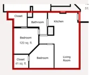 Charming floor plan featuring 2 bedrooms, a modern kitchen, cozy living room, and a well-appointed bathroom.