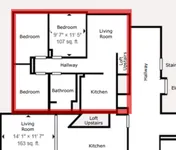 Elegant 3-bedroom, 1-bathroom floor plan featuring an additional loft space. Open living area connected to a modern kitchen, perfect for stylish living.