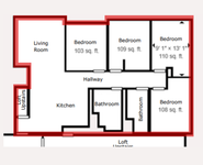 Modern 4 bedroom, 2 bathroom floor plan with loft, featuring a spacious living room, and well-appointed kitchen.