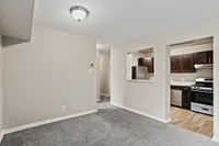 Modern apartment interior showcasing an open-concept layout with stylish dark wood kitchen cabinets and elegant stainless steel appliances.