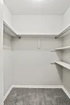 Spacious walk-in closet with sleek shelving and soft carpet flooring, ideal for organized living.