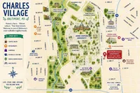 Charming map of Charles Village in Baltimore, MD, showcasing vibrant landmarks like Johns Hopkins University, parks, dining, and Jefferson House Apartments.