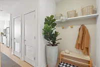 Modern apartment hallway featuring sleek white doors, lush potted plant, and organized shelf with baskets for stylish storage.