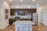 Modern kitchen with sleek dark wood cabinets, stainless steel appliances, and a stylish granite-topped island with chic pendant lighting.