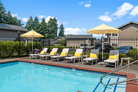 Sparkling pool with sundeck lounge seating