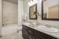 Luxurious bathroom featuring modern countertops, dual sinks, and a stylish bath area.