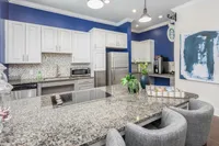 Chic modern entertaining kitchen with granite countertops, stainless steel appliances, and white cabinetry.