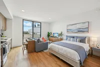 Studio with bed, living room and kitchen