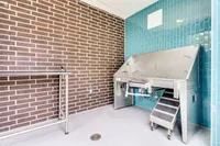 A stainless steel pet grooming station is set against a backdrop of brown brick and turquoise tiles, featuring a set of stairs for easy access. The space is clean and well-lit, designed for pet grooming.