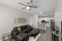 Model home with black couch