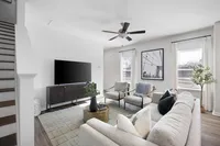 modern living area with wood style flooring