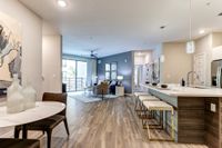 Modern open-concept apartment featuring a stylish kitchen island, elegant dining area, and inviting living room with ample natural light.
