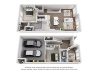 Two-story apartment floor plan with two bedrooms, spacious living room, modern kitchen, and garage.