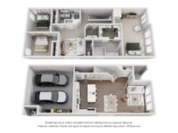 Spacious duplex floor plan featuring two bedrooms, two bathrooms, open concept living area, and double garage.