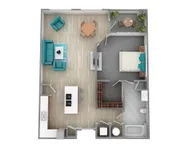 Inviting 3D floor plan featuring a bedroom, open living area, modern kitchen, and private balcony.
