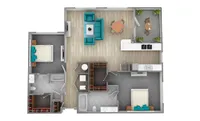 Bright 3D floor plan featuring two cozy bedrooms, a modern open-concept living area, and a sleek kitchen.