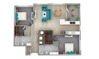 3D floor plan featuring 2 bedrooms, open living and dining area, and modern kitchen with outdoor patio.
