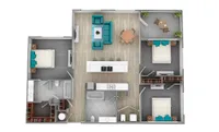 Modern 3D floor plan featuring three bedrooms, open living area, and elegant kitchen.
