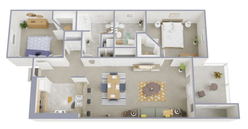 Contemporary floor plan featuring 2 bedrooms, open-concept living and dining area, modern kitchen, and a charming balcony.