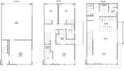 Three-level townhouse floor plan with 3 bedrooms, open kitchen, dining area, and 2-car garage.