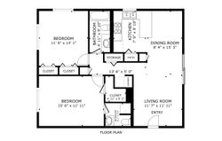 Inviting floor plan featuring two spacious bedrooms, modern kitchen, cozy living room, and dining area, complete with ample storage and two bathrooms.