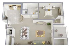 Charming 3D floor plan with elegant open dining and living area, cozy bedroom, modern kitchen, and inviting patio.