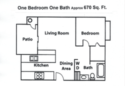 Charming floor plan of a one-bedroom, one-bath apartment with a spacious living room, dining area, and modern kitchen. Includes a cozy patio and approximately 670 sq. ft. of living space.