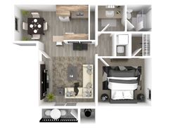 Sleek apartment floor plan showcasing a modern bedroom, open-concept living room, efficient kitchen with breakfast bar, and a stylish bathroom for comfortable urban living.
