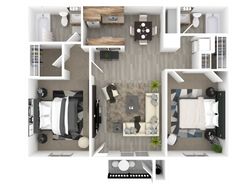Modern 2D floor plan showcasing 2 bedrooms, a stylish living area, and a sleek kitchen with dining space.