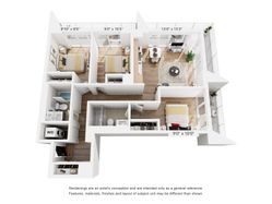 Modern 3D floor plan showcasing a spacious layout with 3 bedrooms, an airy living room, stylish kitchen, and two elegant bathrooms, featuring large windows and a welcoming balcony.