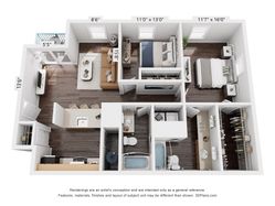 Chic 3D floor plan showcasing 2 elegant bedrooms, spacious open-concept living room, modern kitchen with island, and 2 stylish bathrooms. Great layout for urban living.