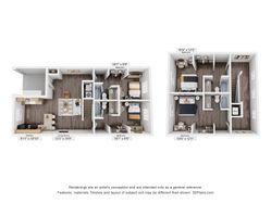 Modern 3D floor plan highlighting 3 cozy bedrooms, open-concept living room, and a functional kitchen space.