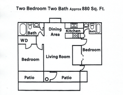Inviting floor plan with two bedrooms, two baths, bright living room, modern kitchen, dining area, and dual patios in 880 sq ft layout.