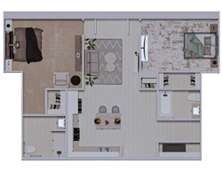 Modern floor plan featuring 2 spacious bedrooms, elegant living room, cozy dining area, stylish kitchen with island, and 2 sleek bathrooms.