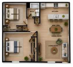 Modern floor plan featuring 2 bedrooms, spacious kitchen with island, cozy dining room, and inviting living area, ideal for comfortable living.