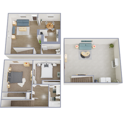 Modern two-story floor plan featuring two bedrooms, cozy living room, and an elegant open kitchen with dining area, offering a blend of comfort and style.
